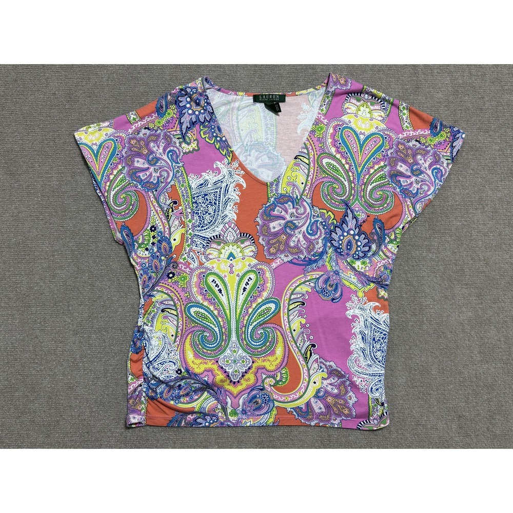 Lauren Ralph Lauren Shirt Womens Large Multicolor Paisley Boho Stretch Top